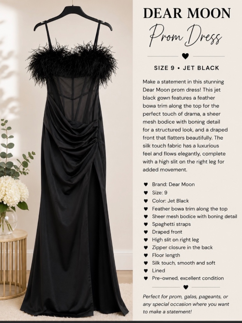 Dear Moon Jet Black Feather Trim Prom Dress – Size 9